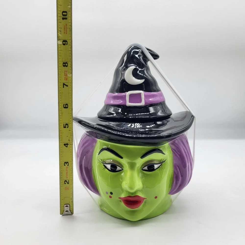 Halloween Witch Cookie Jar Green Face Purple Hair Black Hat 2026 NEW 9.5